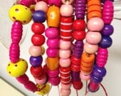 set of 7, bracelet, wooden, beaded, bead, wood, beads, colorful, handmade, pink, purple, spring, gift, friendship, jewelry, neon, ooak