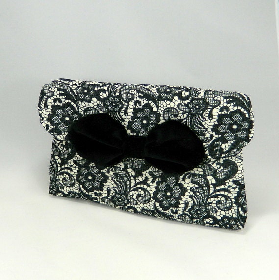Womens Handmade Clutch Bag Purse, Black White Floral Lace Fabric, Velvet Bow, Vintage Retro, Unique Gift Idea,  Made in UK