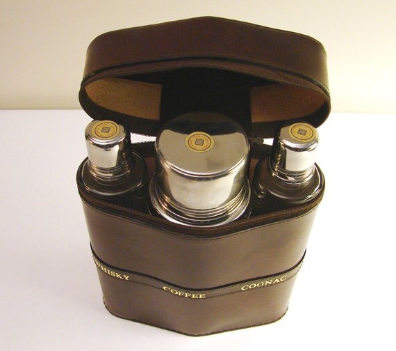 Vintage Large Travel Bar Set with brown leather by RetroGustoMenta