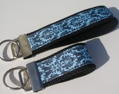 Blue Damask Key Fob - Key Ring, Key Chain - choices of sizes, full wrist or mini