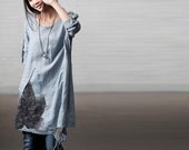 Spring and Summer Blue   Loose Cotton Leisure  Shirt  Big Pocket  Cotton Long  dress  Linen Women Blouse --4 colours