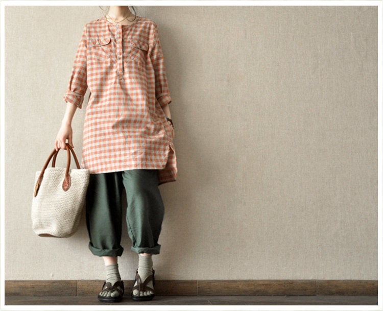 Casual Clothes  Cotton Checked Long Sleeved Long  Shirt  Women Clothing Leisure  Blouse Dress Blouse -2colours