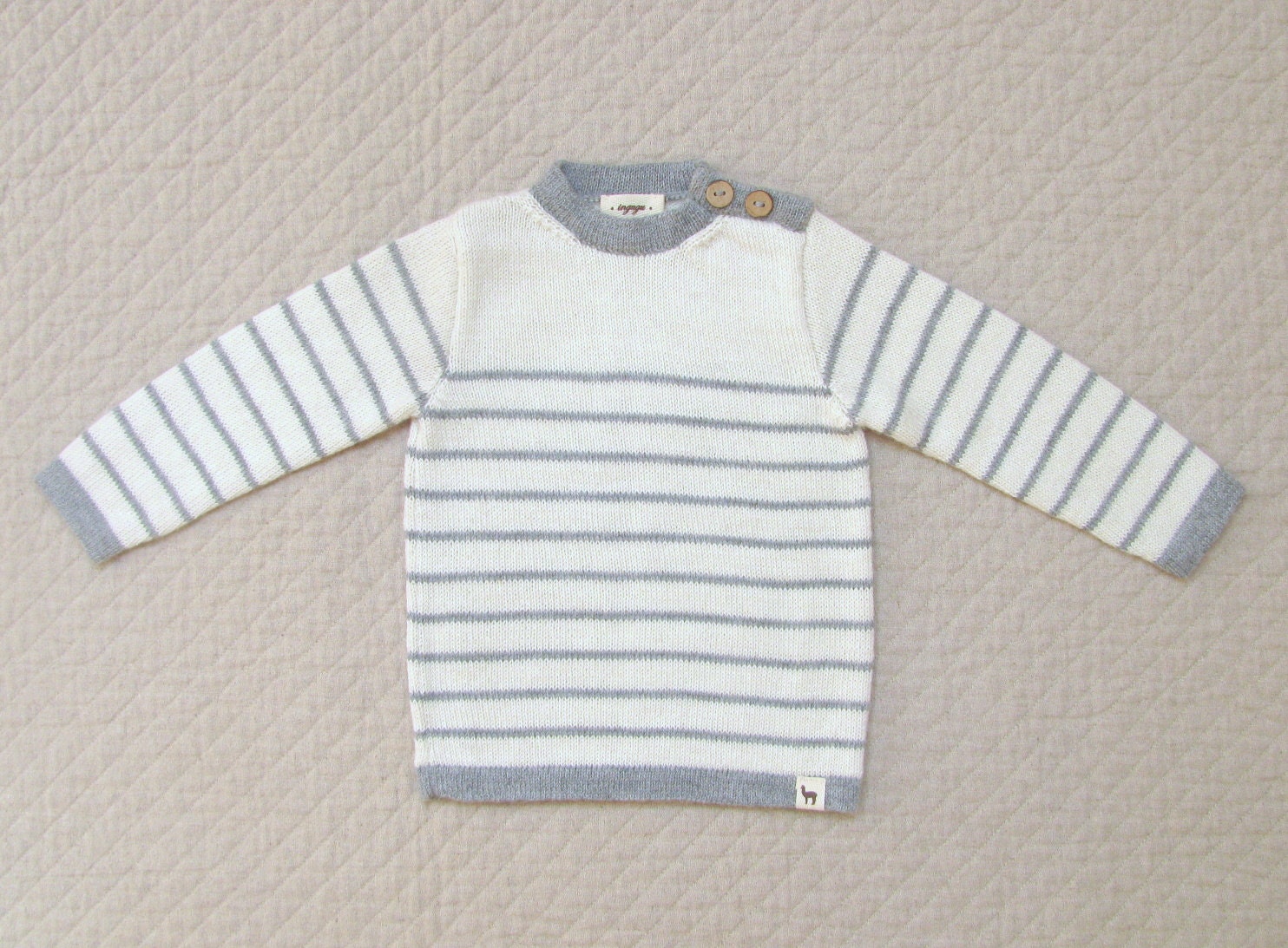 Nautical striped alpaca Breton sweater / Childrens  cardigan - Eco friendly gray and white pullover for kids and babies