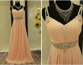 Champagne romantic  beading v neck chiffon evening dress