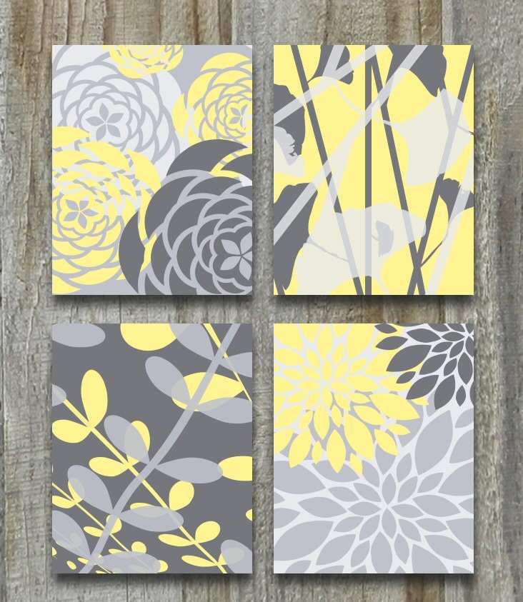 Yellow Gray Art Print Set Modern Vintage Floral Nature Prints 8x10 Set of 4 Grey Bedroom Home Decor
