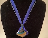 Royal Blue Organza and waxed cord necklace with a Lampwork glass Flower Pendant.