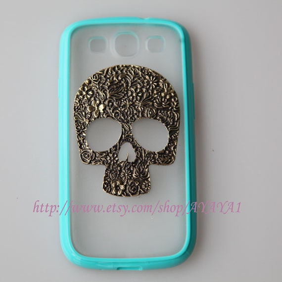 Samsung Galaxy S3 case,phone cover,flower skull blue-green color frosted translucent Samsung Galaxy S3 case