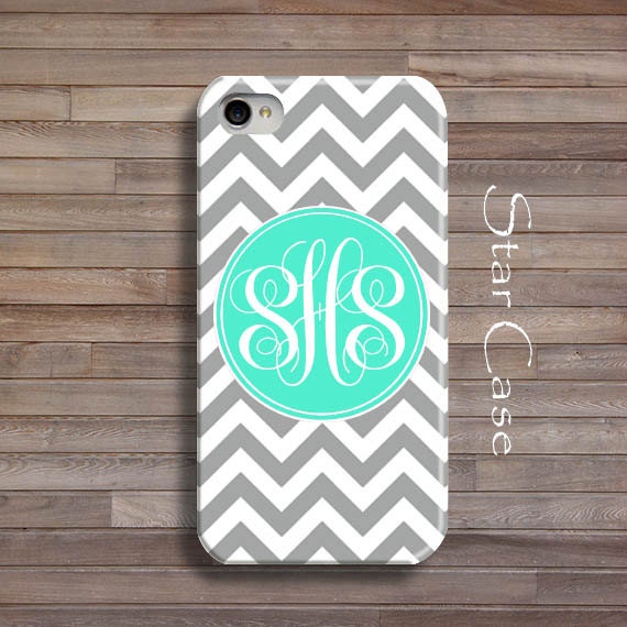 Personalized Monogrammed iPhone 4/ 4s and 5 Case - Gray Chevron With Mint Monogram Initials iPhone Hard Case- Cell Phone Gray Teal Geometric