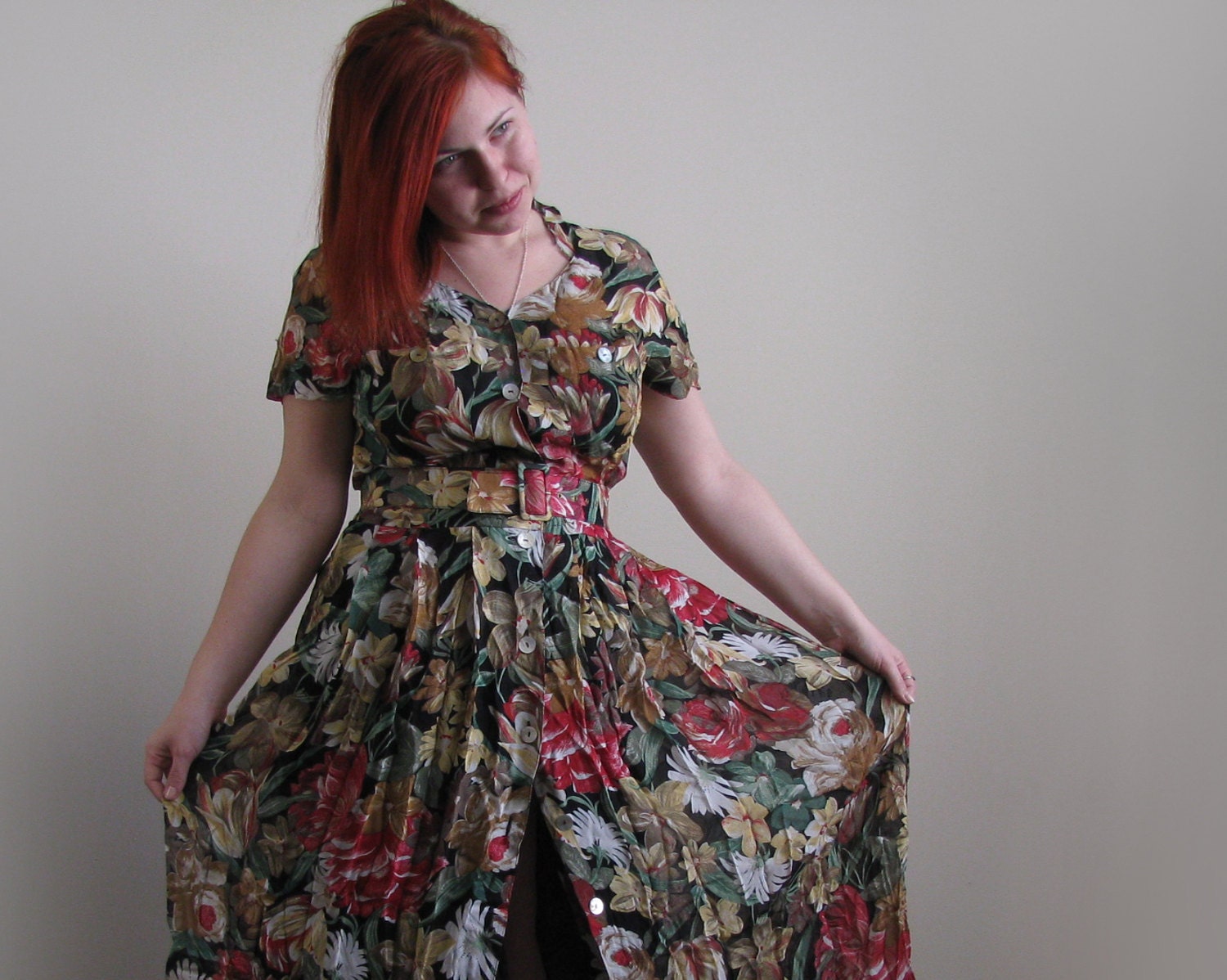 Long floral dress, colorful maxi summer dress, 80s