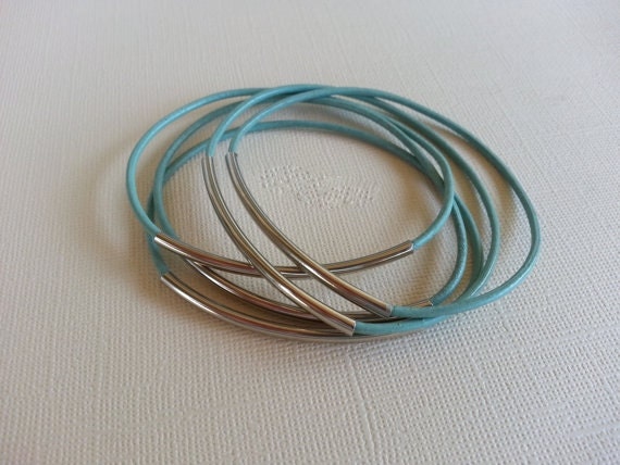 Teal Leather Bangle Bracelets with Silver Colored Metal Tubes