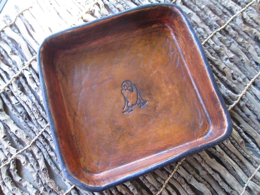 Hand Formed Leather Box. Dresser, Desk Accessory. Anitiqued Black and Tan  Hand Painted And Dyed Leather Tray.