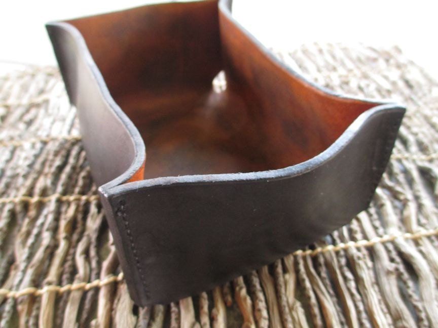 Molded Leather Box. Dresser, Desk Accessory. Black and Brown Hand Dyed and Stiched Leather Vessel.