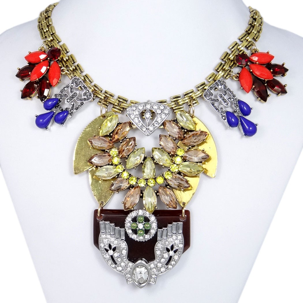Uniqued Design Brown Rhinestone Neckalce Pendant, Swarovski Crystal Beaded Necklace Choker, Resin Cluster Statement Necklace-150606654