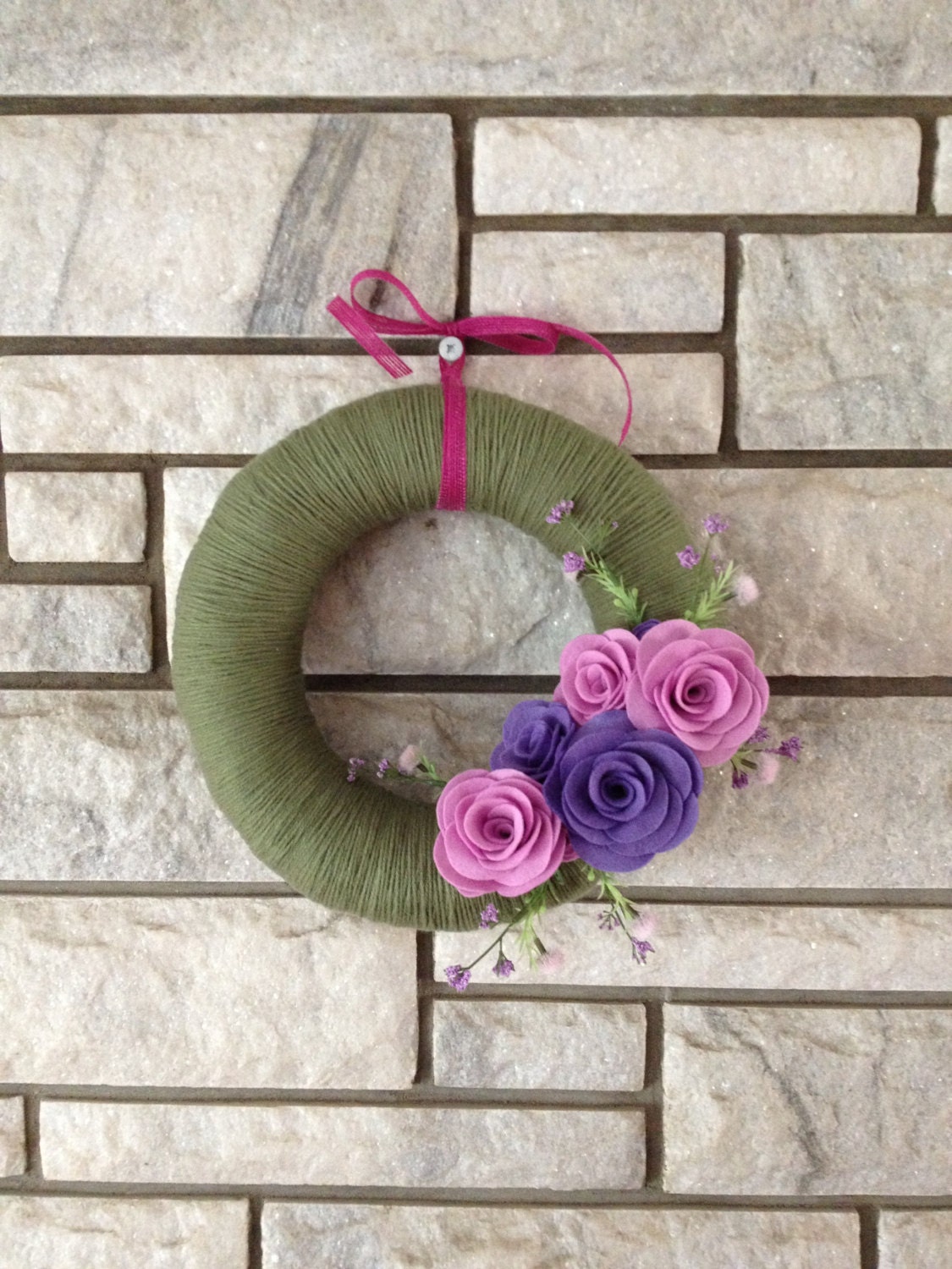 Yarn Wreath Handmade Felt Decoration - 12in Purple and Pink