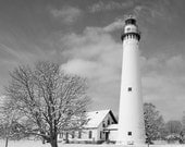 Wind Point Lighthouse B&W 8x8 photo print - lighthouse Black and White photography winter landscape snow contrast 8x8 10x10 art home decor