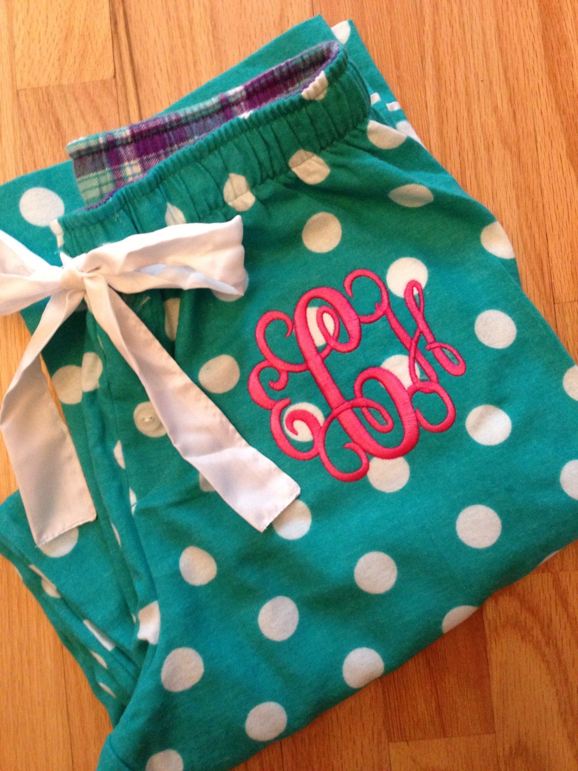 Monogrammed Pajama Pants - Teal and white polka dots - Ladies and Junior Sizes