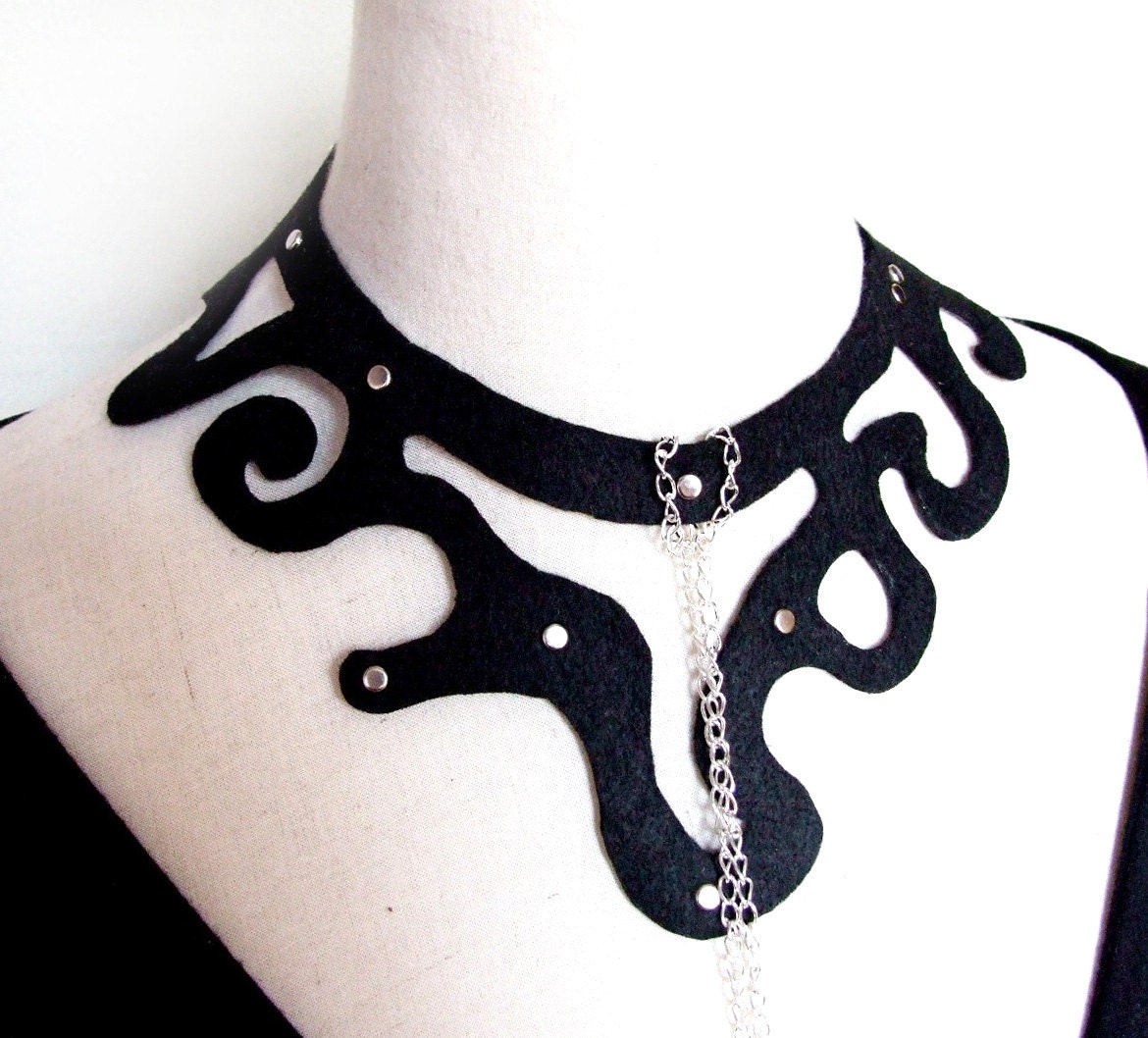 SALE large black wool felt Fabric necklace choker gothic wearable scuplture art beaded punk jewelry woman party