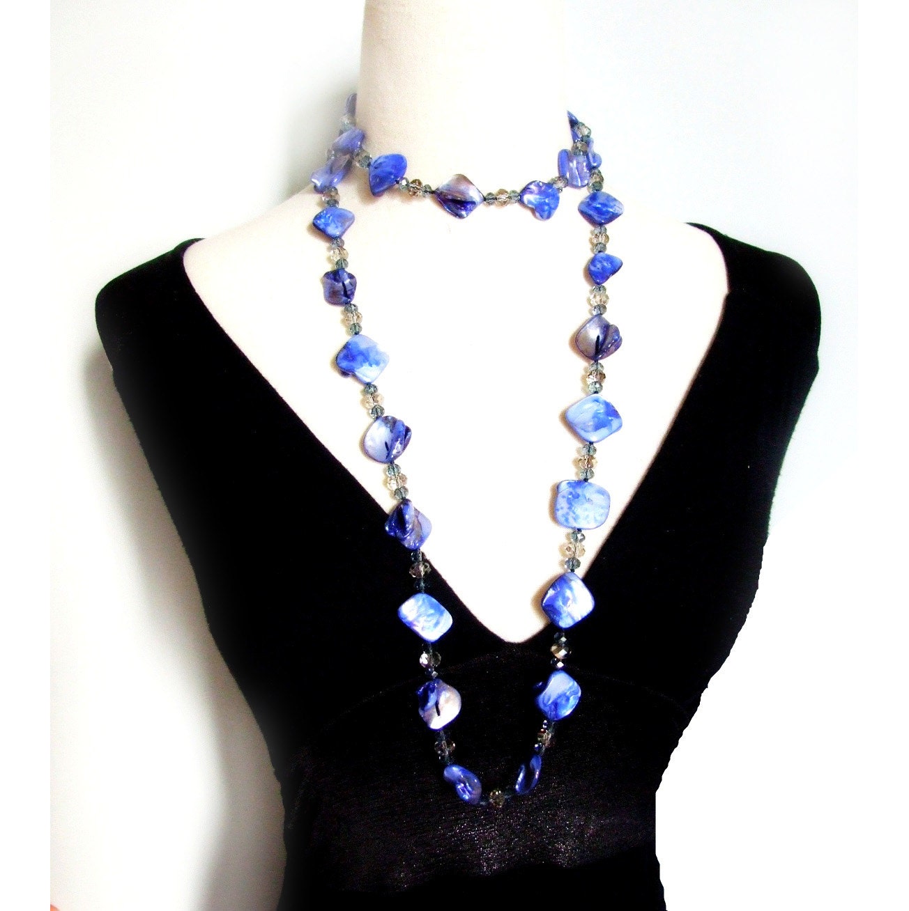 chunky blue mother of pearl swarovski crystal beaded long wrap necklace vintage gorgeous women's jewelry gift
