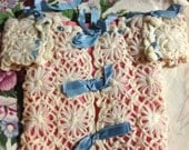 Sweet White Vintage Hand Crocheted Baby or Doll Jacket Gown Sweater 50s Blue Ribbons So Cute
