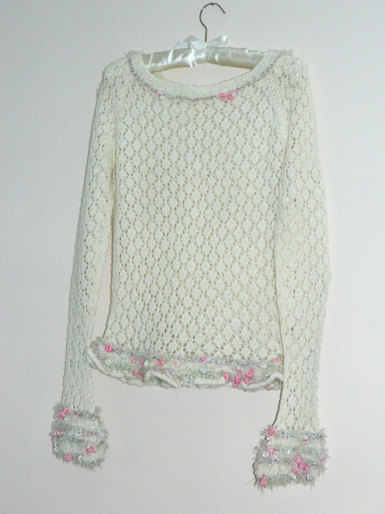 White Woman's Knitted Sweater - Hand Knitting for Women - Handmade size 10 - Lace - KatrinKnitting