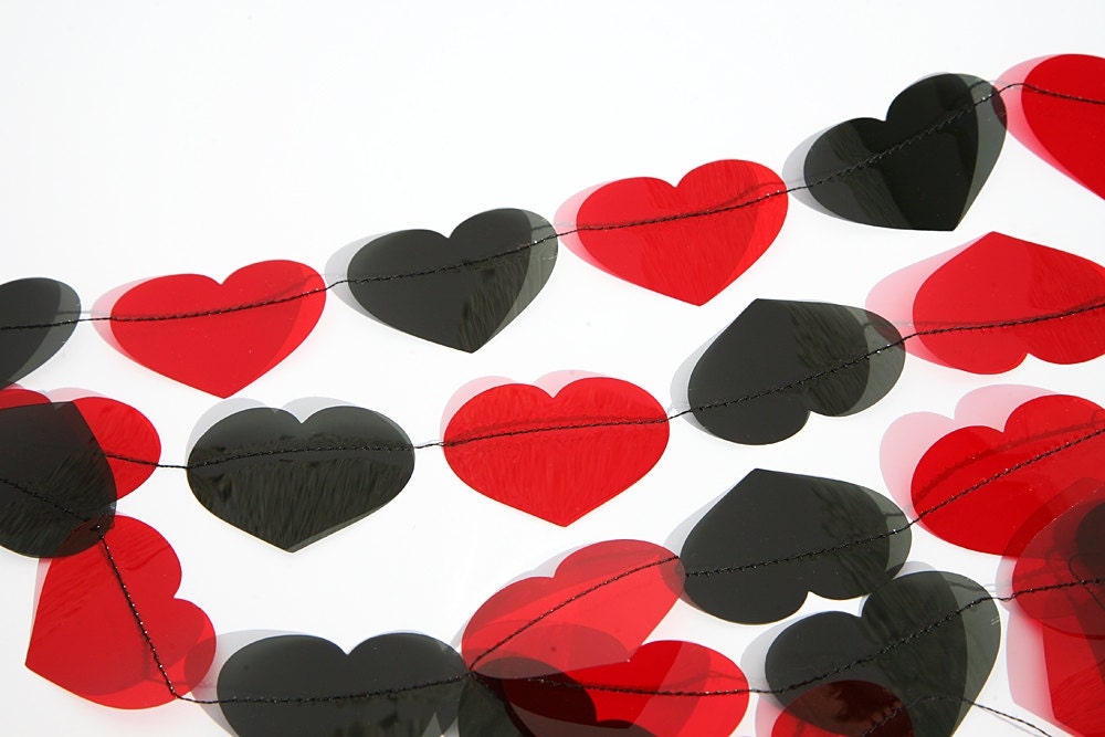 Valentine Garland, Hearts Garland, BLACK & RUBI RED,  Bunting, Wedding Decorations, Bridal Shower, Boys Birthday, Photo Kiss Shoot Prop