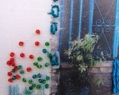 the turquoise gate, fiber art, wall hanging, hand embroidery,  mixed media OOAK