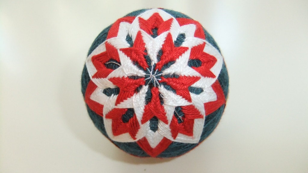Handmade Red, White & Navy Blue Japanese Fiber Art Temari Ball