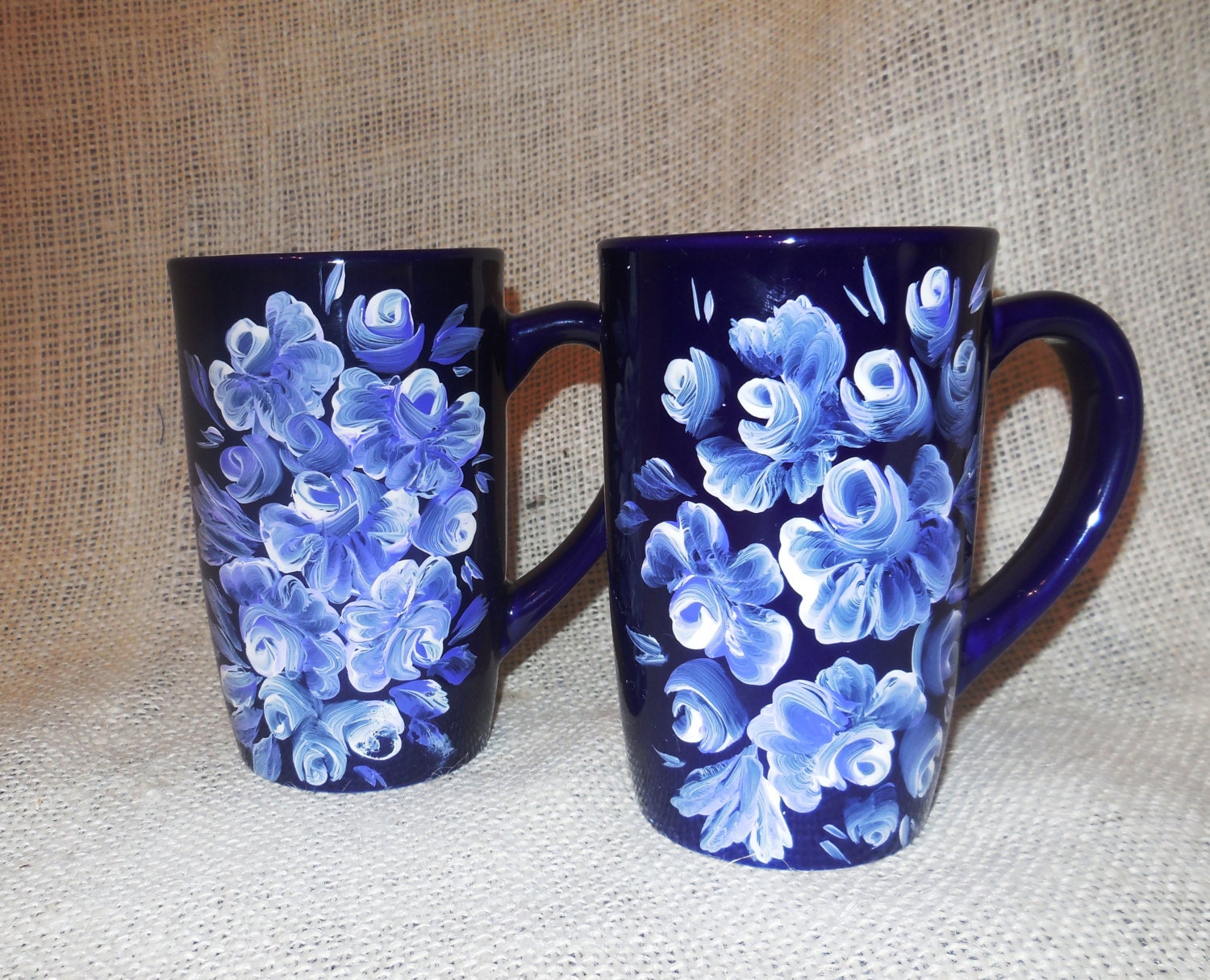 Hand-Painted Ceramic Cobalt Blue Set of Two Cups Floral Coffee Mug 8 oz Tea Cup