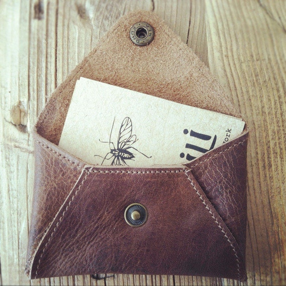 Men's Mini brown wallet, leather wallet for men with snap closure, envelope wallet, gift for him, leather wallet, minimalist pouch