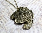 Antique Brass Necklace, Polymer Clay Pendant, Paisley Pendant, Indian Style Polymer Clay Pendant on Brass Chain - OOAK