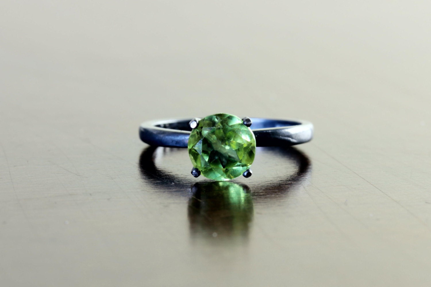 7mm Peridot Solitaire Ring on Oxidized Sterling Custom Made in Sizes 4 through 11