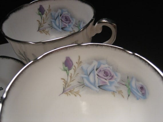 Vintage English Silver Wedding Anniversary, Royal Stafford Bone China "Honeymoon Rose" Cups & Plates