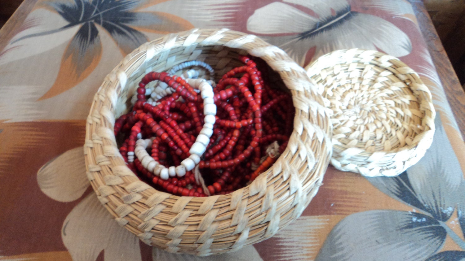 Antique Red White Heart glass beads & Primitive White glass beads in Native American hand woven basket with Lid