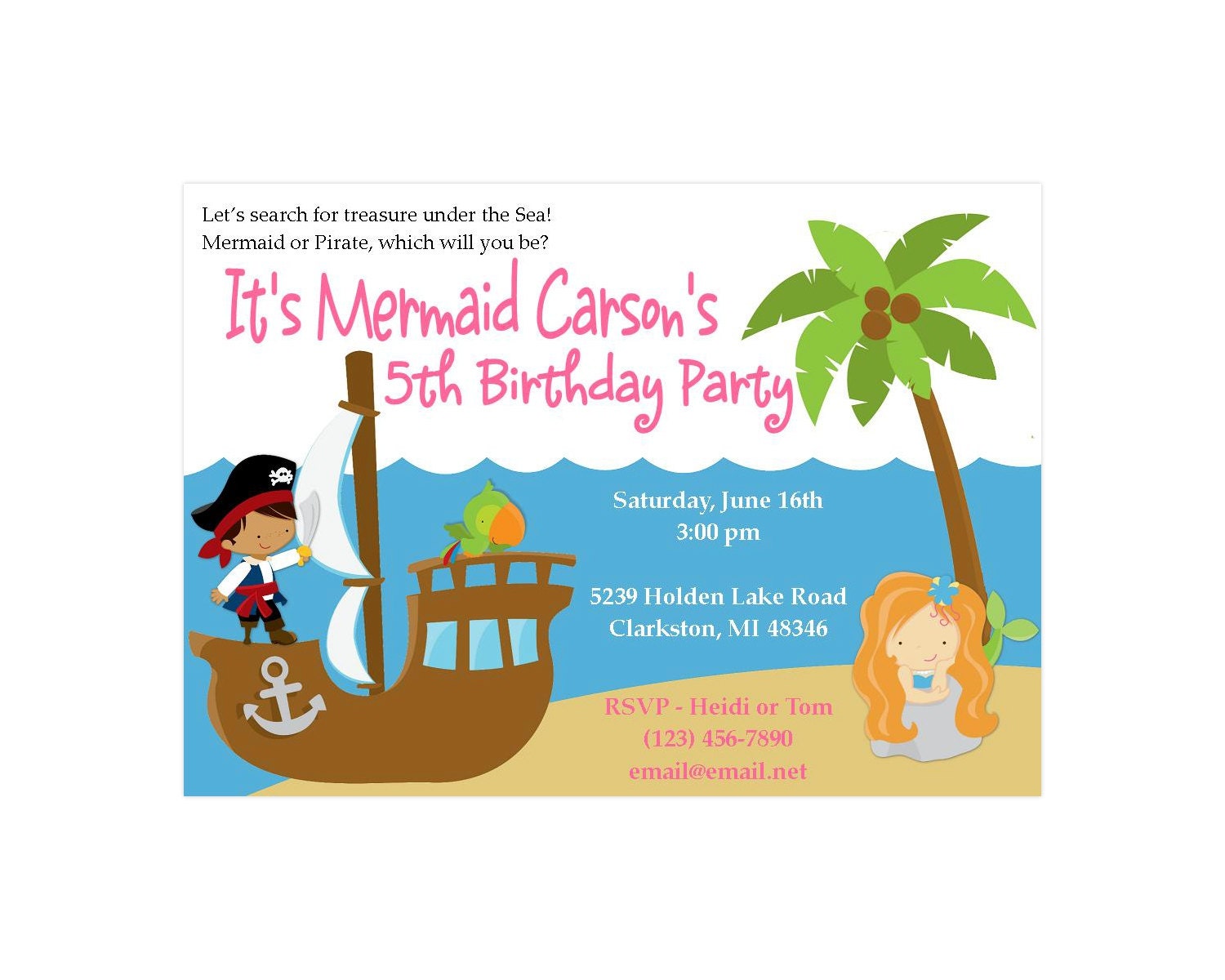 Mermaid and Pirate DIY Invitation Customized Birthday Party JPG Il_570xn