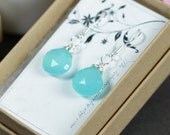 Bridesmaid jewelry bridal bridesmaid gifts ,Sky Blue Chalcedony Wire Wrapped Earrings, Sterling Silver  Ocean Blue Gemstone, Teal, Aqua