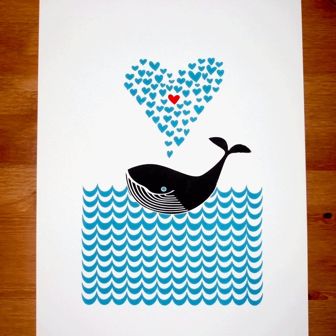 Great Valentines Day gift - Whale in Love A3 Screenprint - Home Decor - Kids Art - Nursery Art
