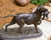 French antique  art deco hunting dog bronze gold patina sculpture heavy metal numbered hunt dog wild duck
