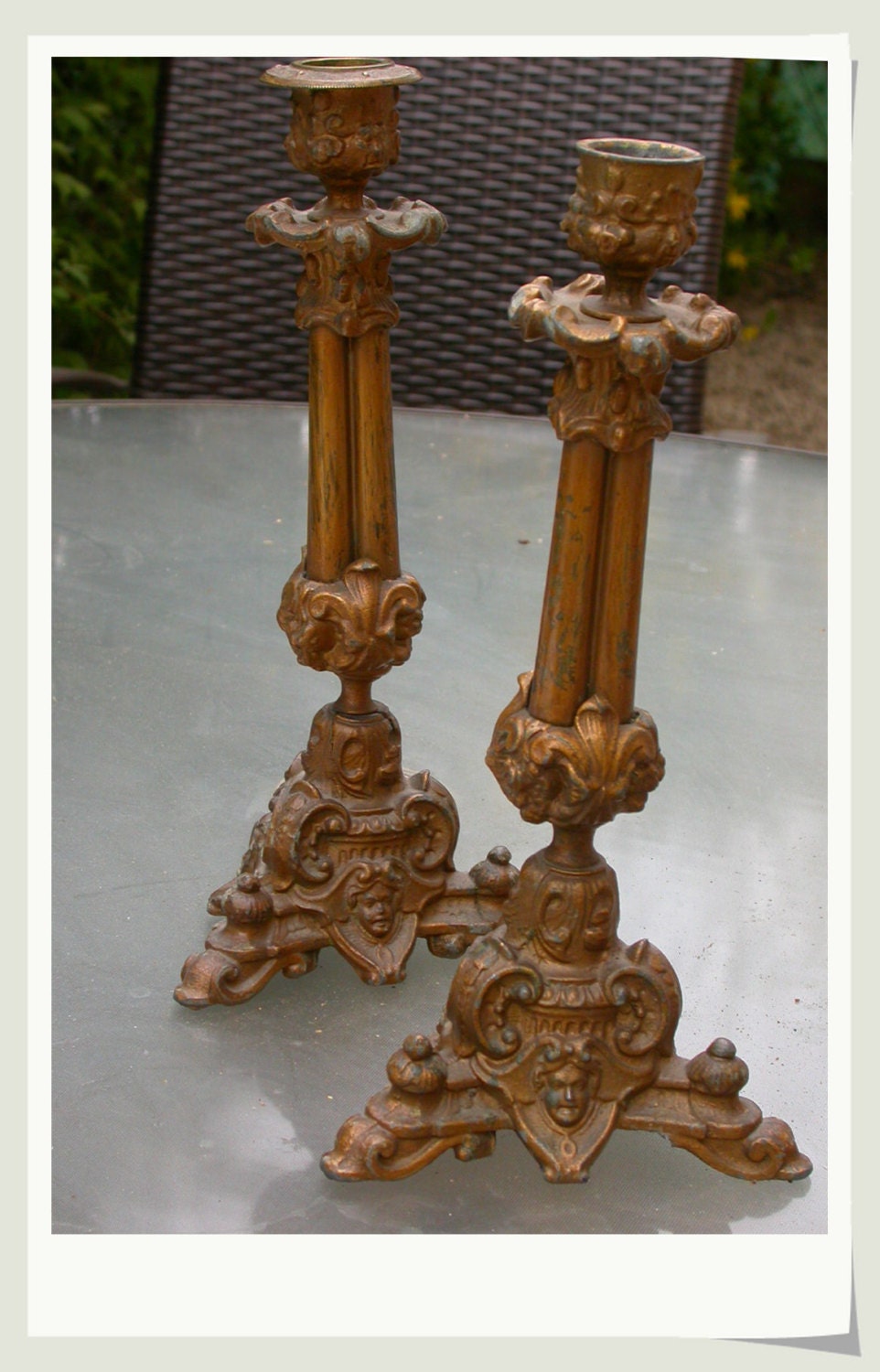 French antique pair 19th century candle stick heavy metal old candle Candelabra ornate flower angel Gothic fire piano place empire royal