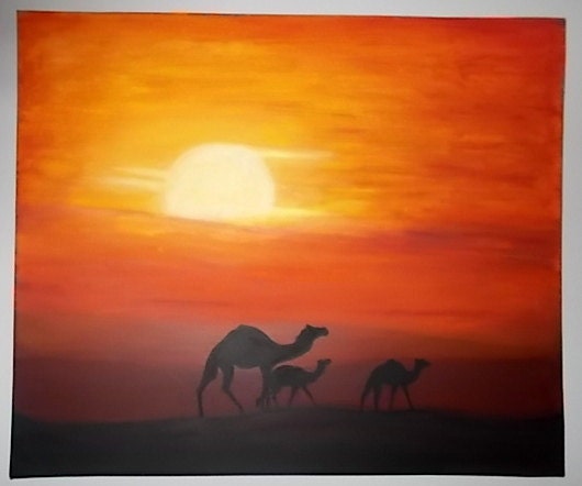 Camels at Sunrise Original Acrylic Landscape Acrylic Painting Canvas Dreamy sunset self representing artist
