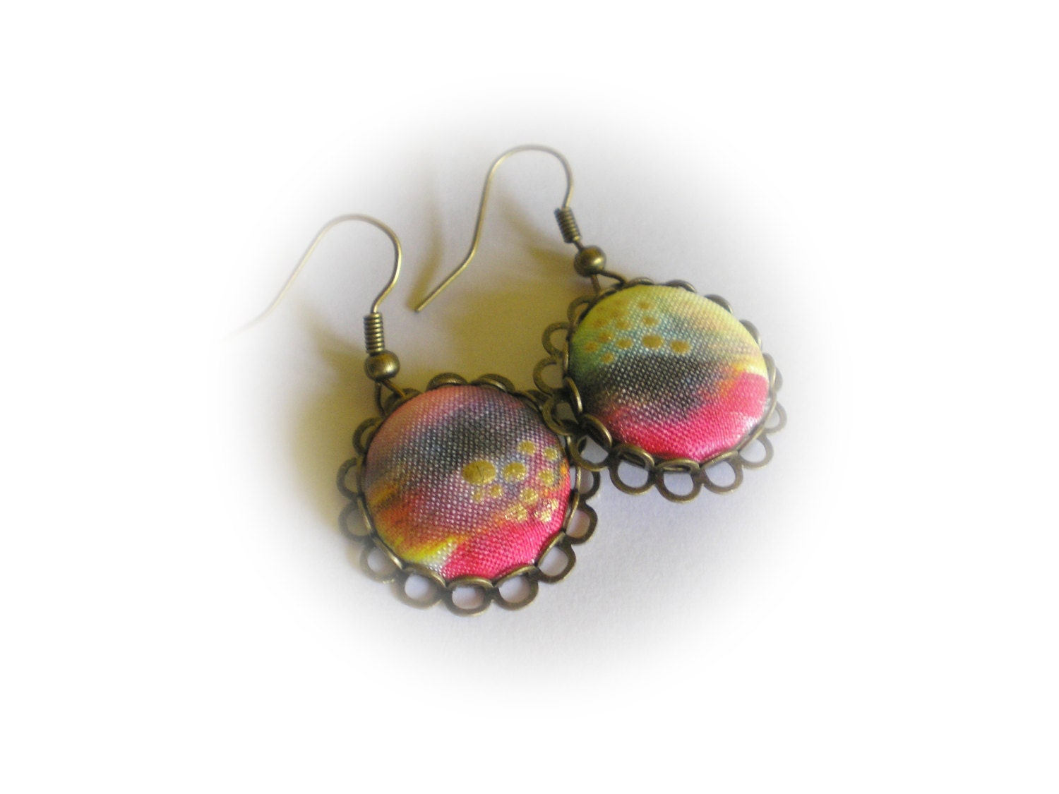 Inspired by Monet- handpainted silk covered button earrings dangle earrings  yellow, teal, aqua, peacock  fabric, het, estspirit