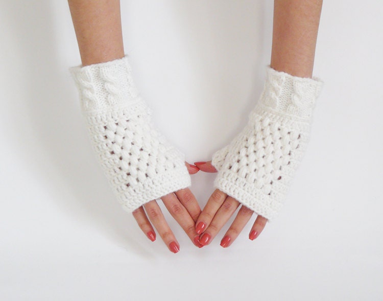 Women Fingerless Mittens In Snow White, Hand Warmers, Crochet Gloves