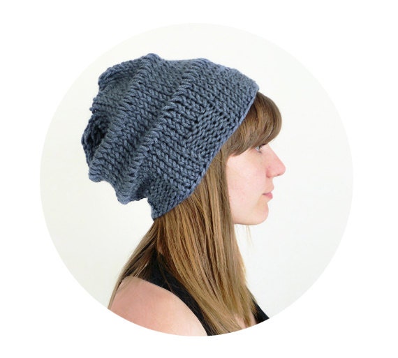 Slouchy Knit Hat - Unisex Chunky Wool Hat In Blue