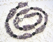 Amethyst Beaded Necklace, Purple Violet  long  multistrand necklace, OOAK, with Black Agate, Mother's day gift