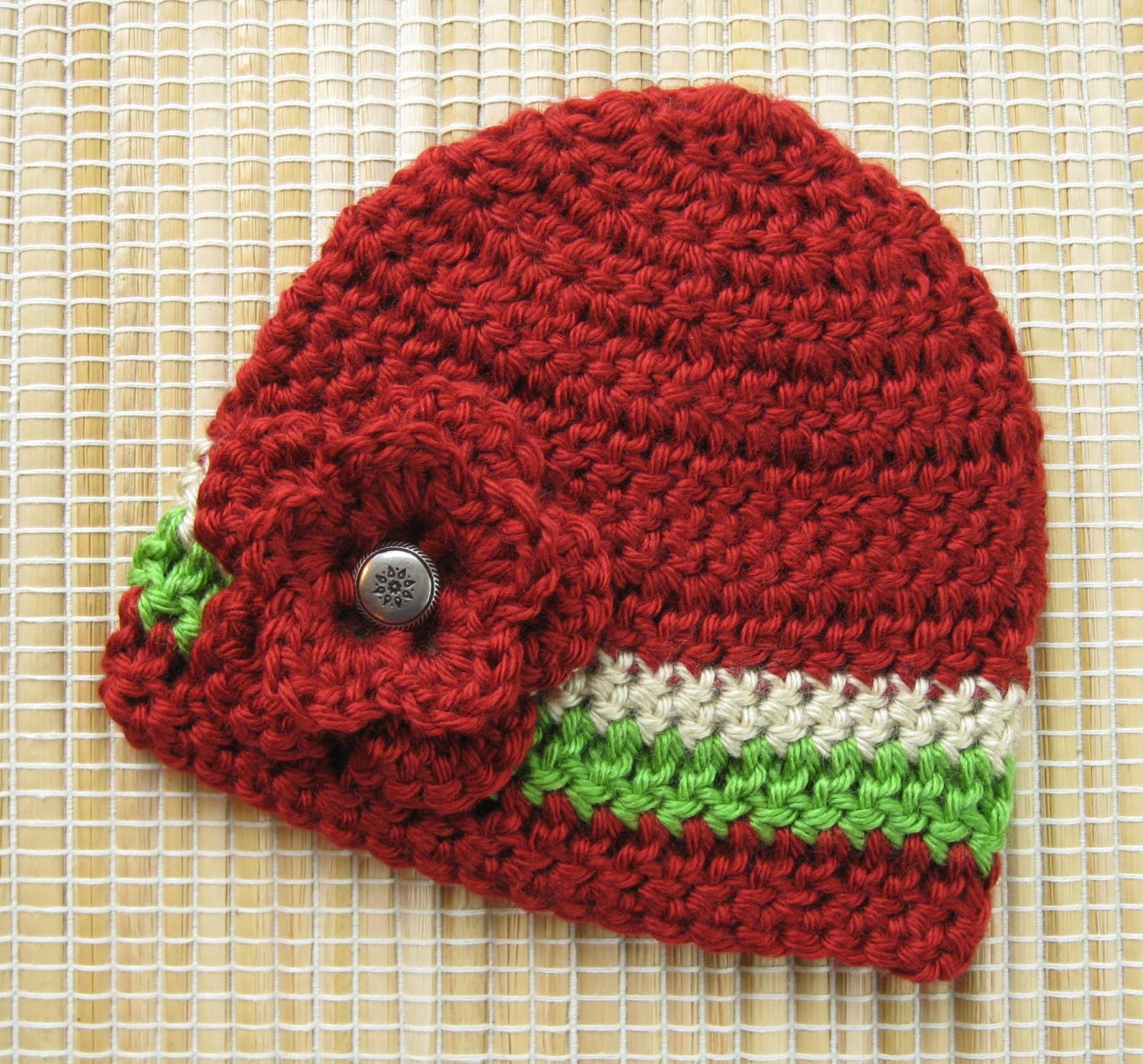 Baby girl hat newborn girl photo prop crochet infant beanie, red tan cream green silver nordic button cap, fall winter Christmas Holiday