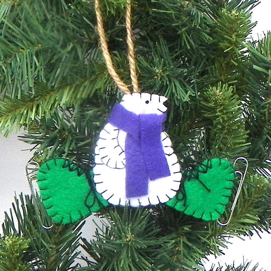 White Felt Polar Bear With Ice-Skates Christmas Ornament