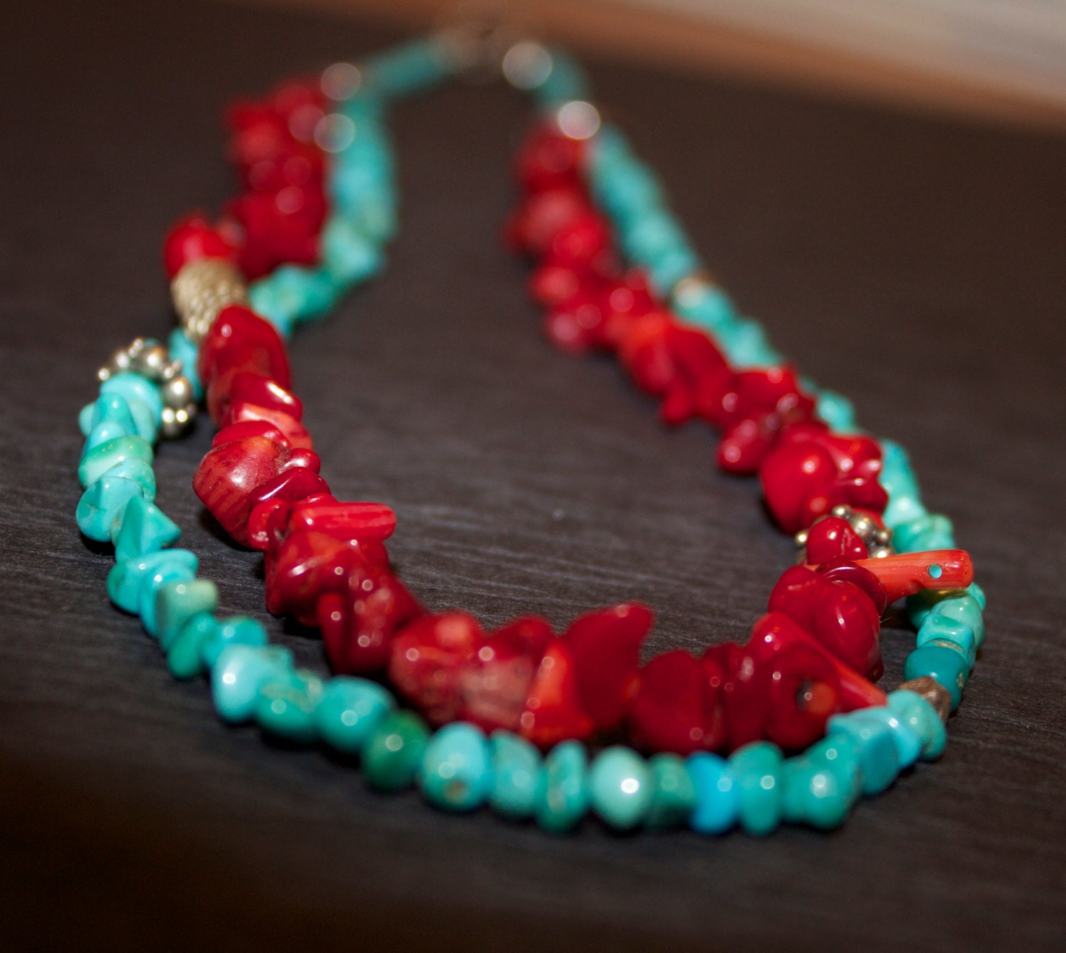 Elegant Western Coral, Turquoise and Silver Double Strand Necklace