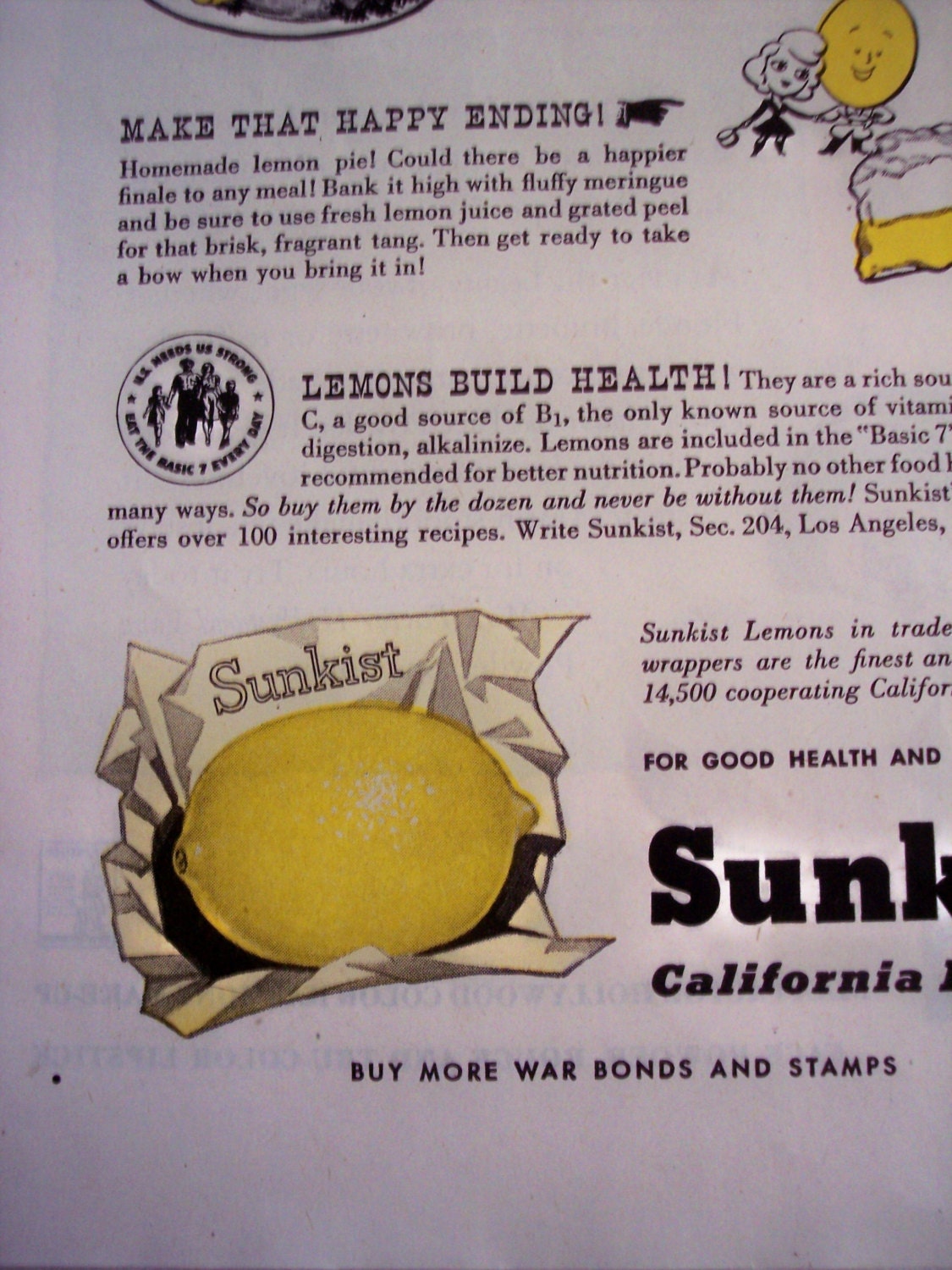 1944 Food AD SUNKIST California Lemons original art advertisement