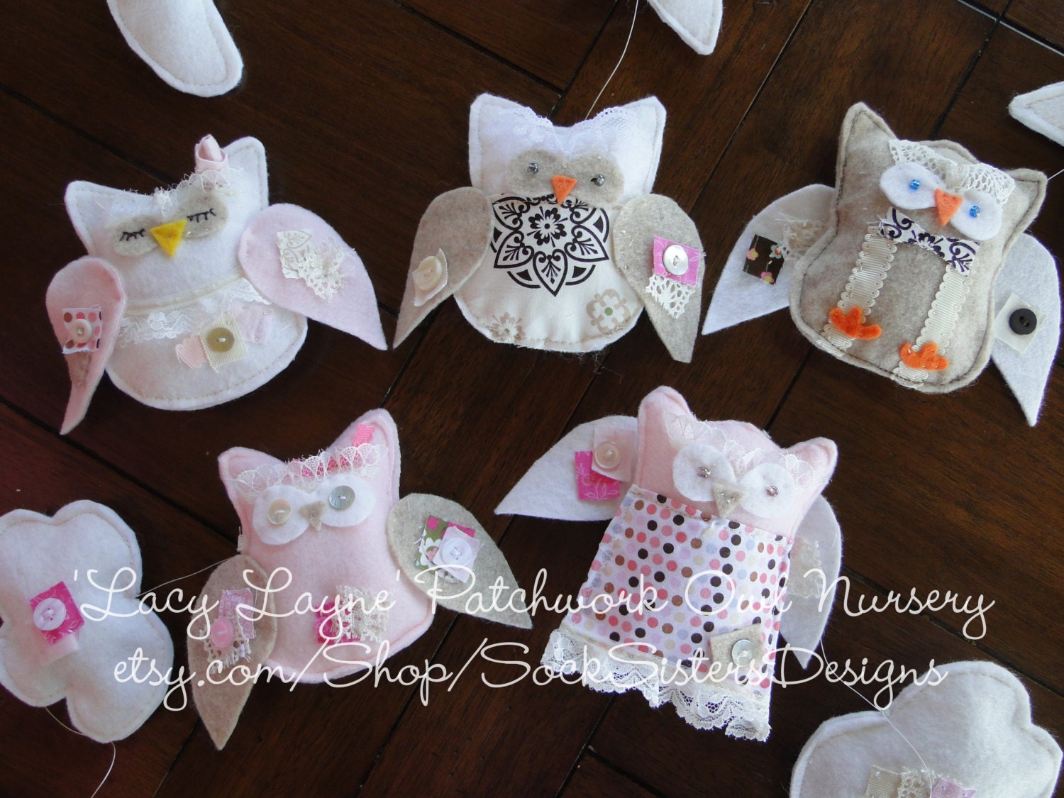 The 'Lacy Layne' Patchwork Owl Nursery Mobile - hand made with lace, buttons and bows...by Sock Sisters