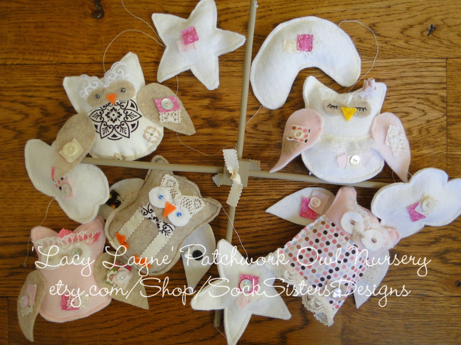Owl Nursery Mobile for Baby Room Decor - hand made with lace, buttons and bows...by Sock Sisters