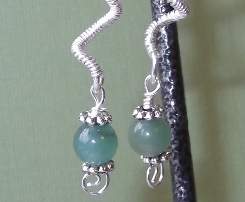 Green Aventurine gemstone earrings Wire wrapped dangle earrings Wire wrapped jewelry Spiral swirl earrings Beaded jewelry